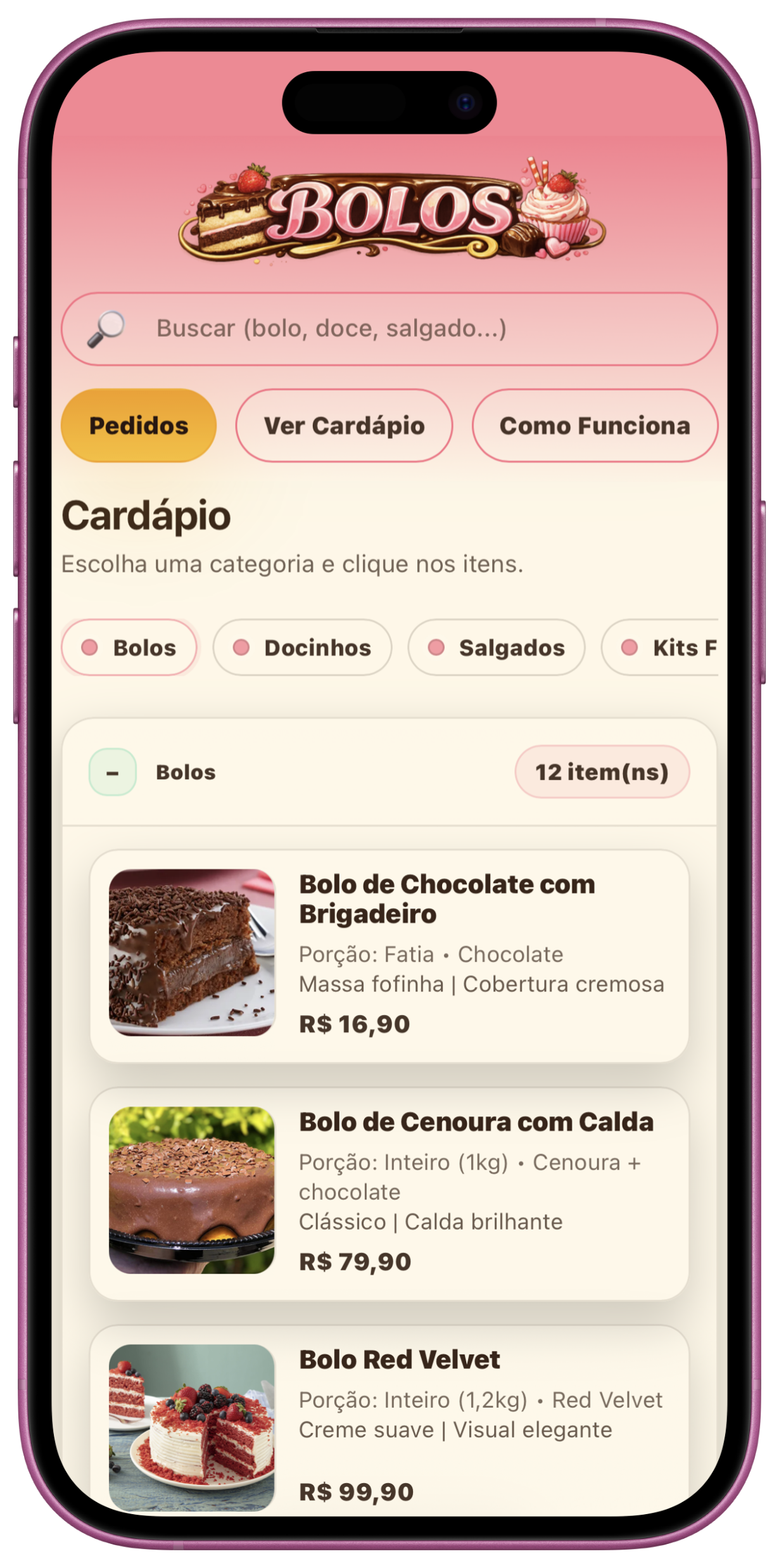 Site Bolos - cardápio