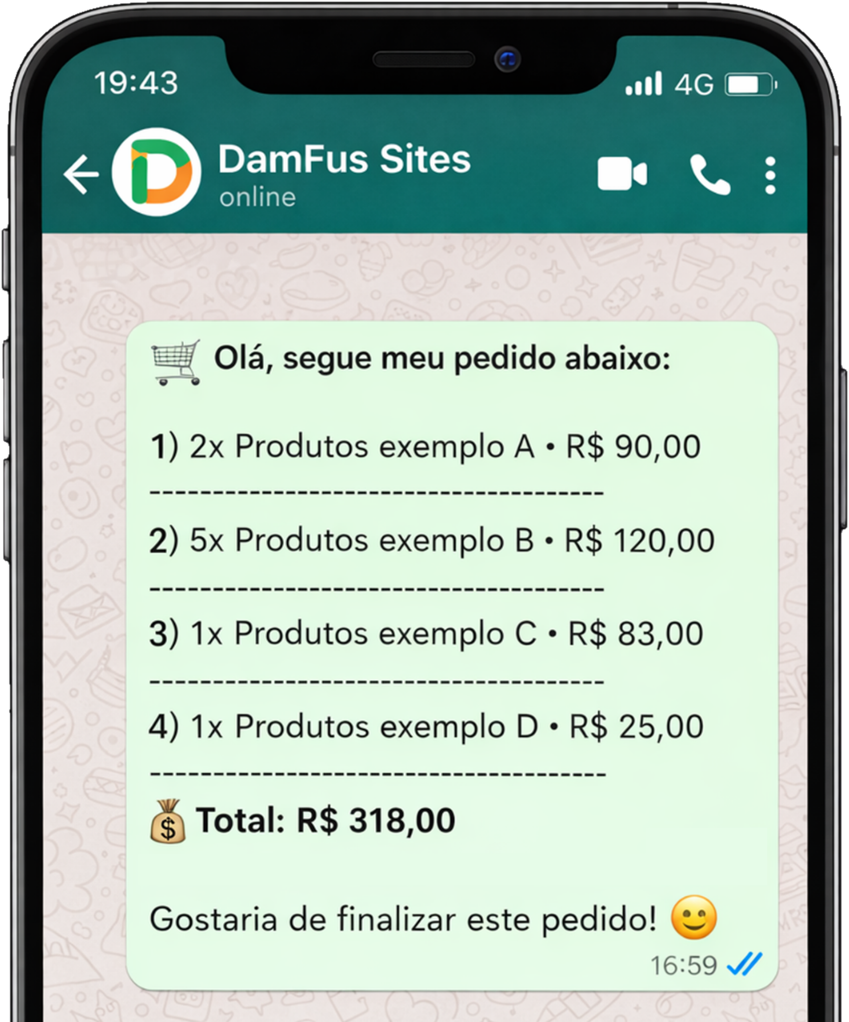 Exemplo de pedido no WhatsApp